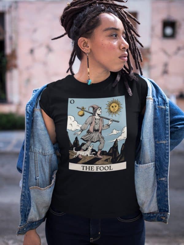 alt woman with dreads in black the fool tarot card design shirt