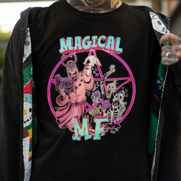 close up of the obscurix magical mf design on black t-shirt