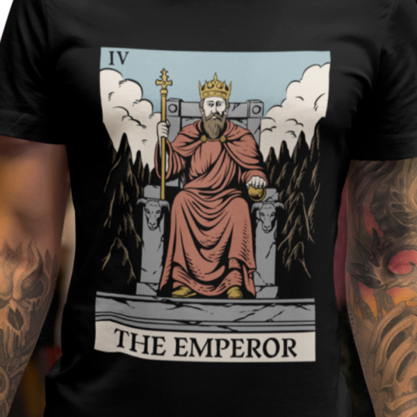 close up of gothic style emperor tarot card design on black t-shirt