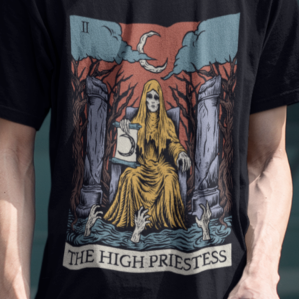 close up of gothic horror style high priestess tarot card design on t shirt