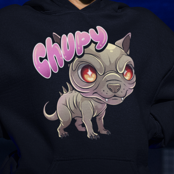 close up of alternative style chibi chupacabra design on soft goth hoodie