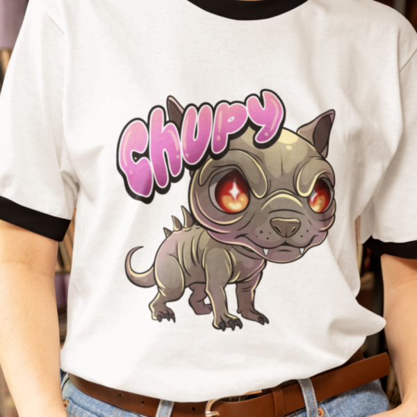 close up of alternative style kawaii chupacabra desing on ringer t shirt