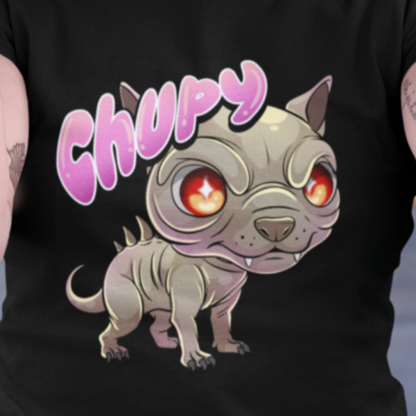 close up of adorable kawaii chupacabra design on black t shirt
