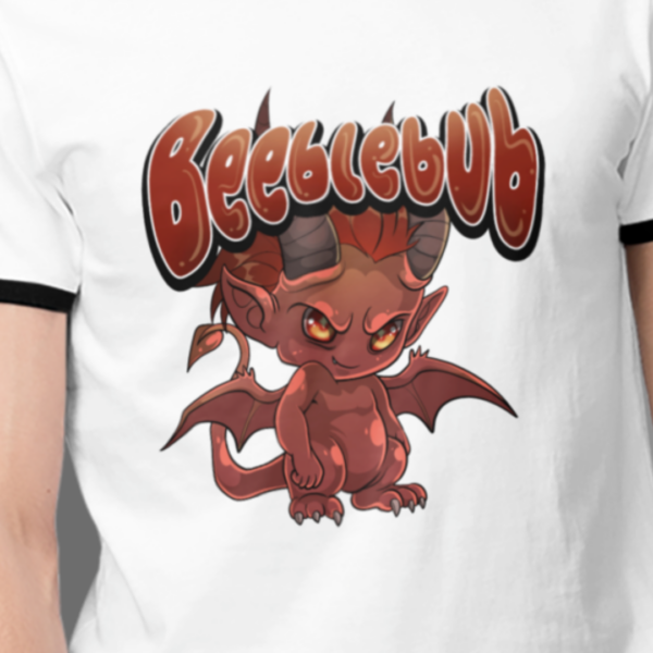 close up of the alt style chibi demon design on retro ringer t shirt