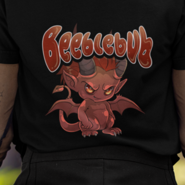 close up of the alt style chibi demon design on a black t-shirt