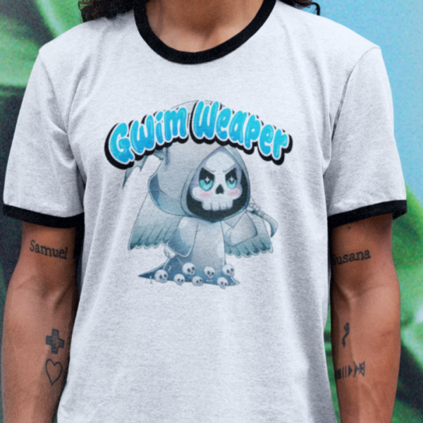 grunge punk wearing retro ringer with kawaii grim reaper design on front