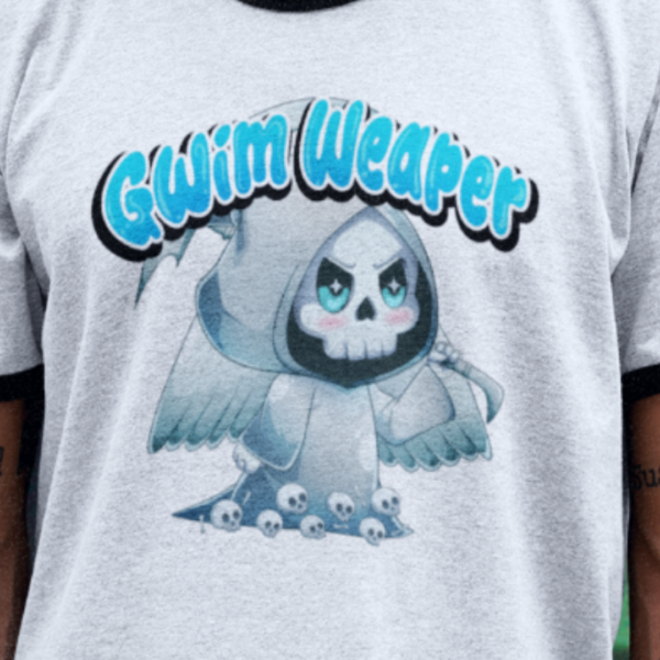 close up of alt style chibi grim reaper design on retro ringer tee