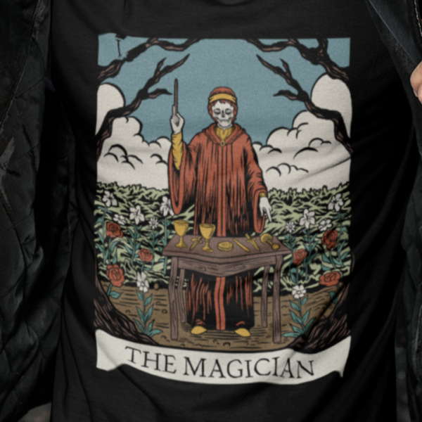 Close up of gothic horror style magician tarot card design on t-shirt - black