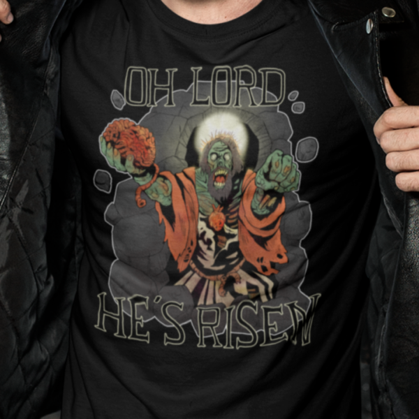 close up of alt style zombie jesus design on black t-shirt