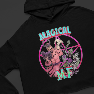 close up of black alternative magical mother fucker hoodie with necromancer design