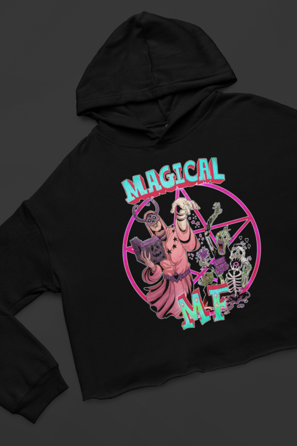 close up of black alternative magical mother fucker hoodie with necromancer design