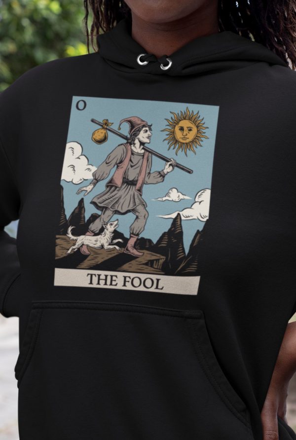 close up of the fool major arcana hoodie on goth model