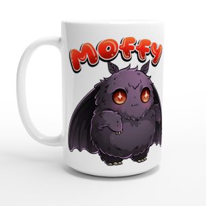 white 15oz coffee mug with chibi mothman design
