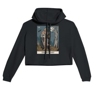 the hermit tarot card design cropped hoodie on black t-shirt - flat lay