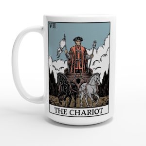 15oz white ceramic coffee mug with the chariot tarot card design