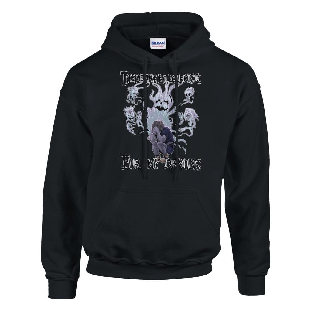 black flat lay of no exorcists for my demons hoodie