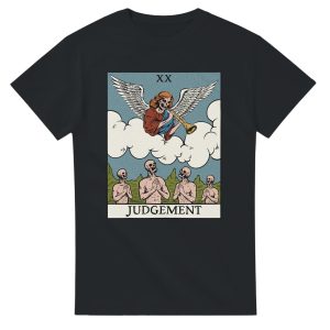 black t shirt with judgement tarot card design print