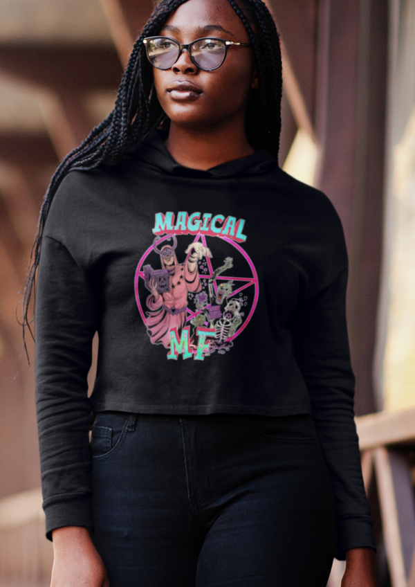 goth woman walking while wearing funny necromancer cropped hoodie with magical mf phrase