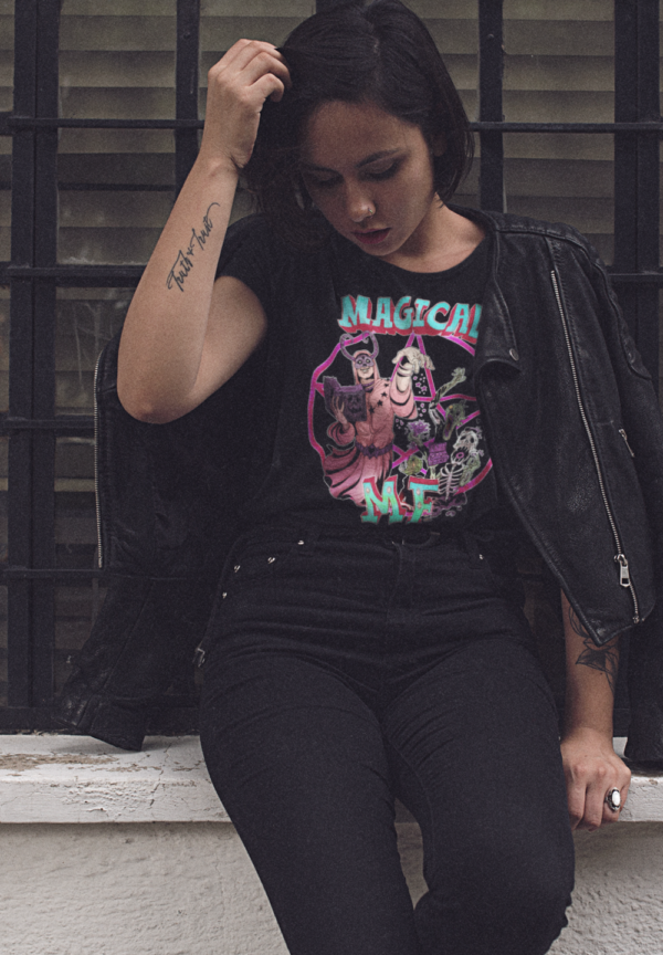 goth woman wearing dark humor necromancer design t-shirt with phrase magical mf
