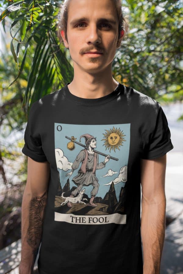 grunge model with mustache in black the fool tarot tee