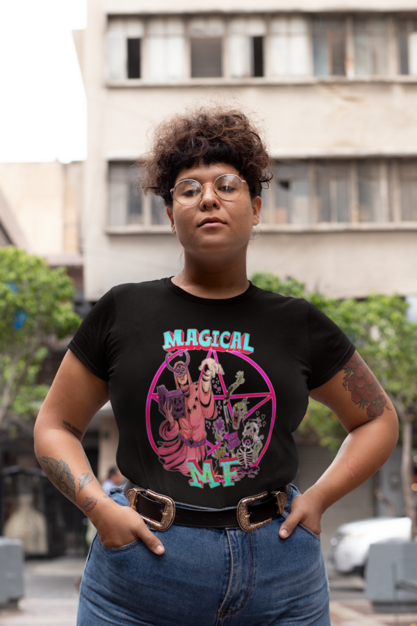 grunge punk woman in plus sized magical mf t shirt with pentagram and zombies