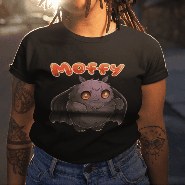 Punk woman wearing cute mothman t-shirt