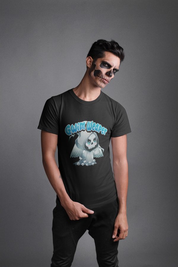 goth man wearing chibi grim reaper tee shirt