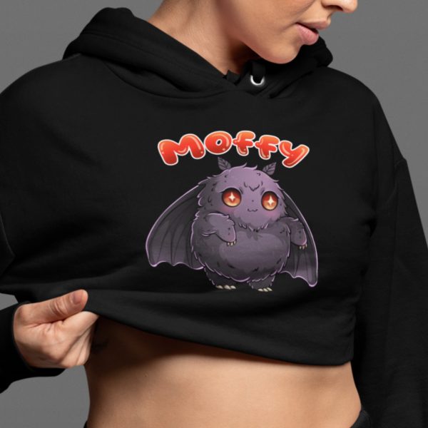 goth woman wearing kawaii mothman cropped hoodie