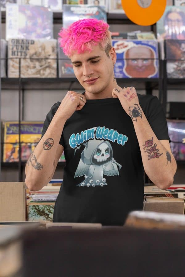 Pink haired pun in cute grim reaper tee