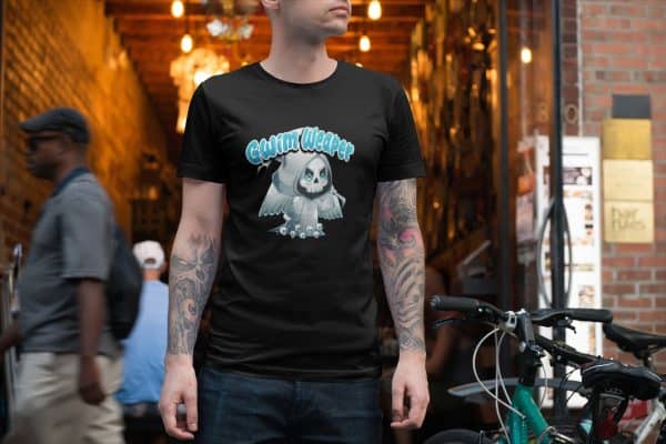 Tattooed punk woman wearing cute death t-shirt