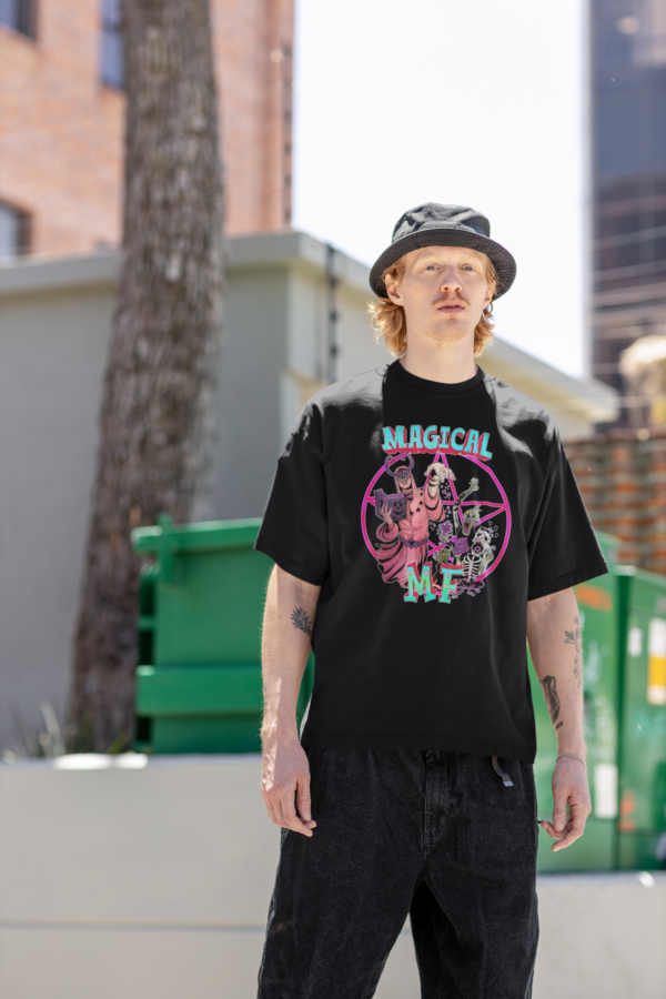 alt man in edgy magical mf tee with necromancer design in black