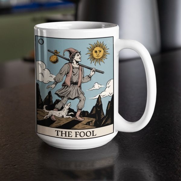 the fool major arcana designed mug sitting on table - 15 oz