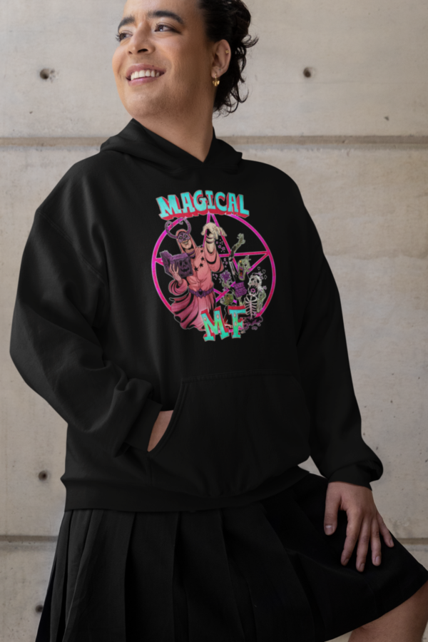 trans goth model wearing alternative style magical mf hoodie