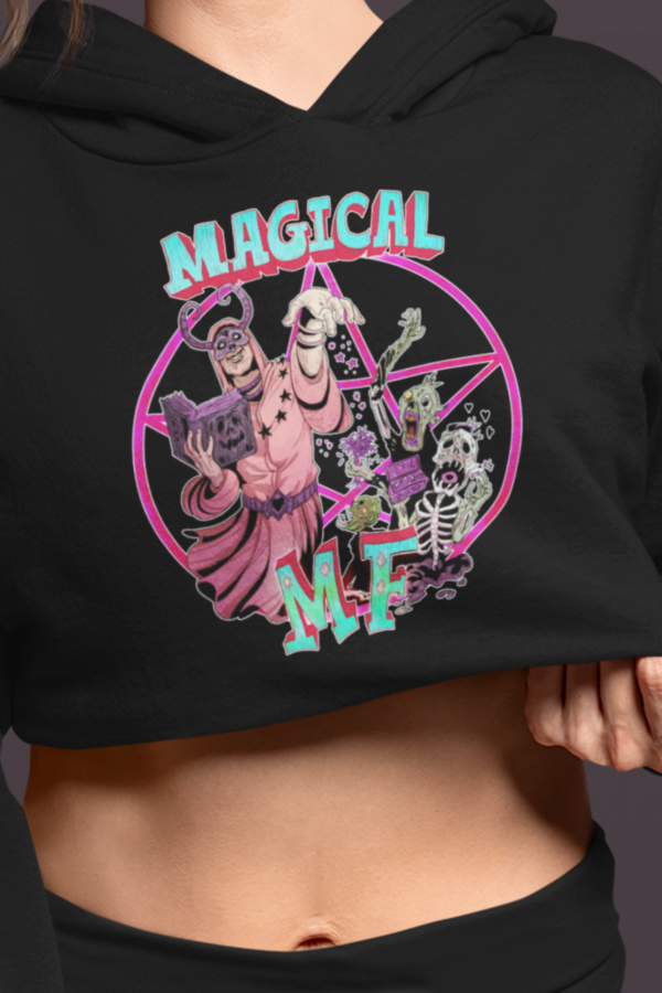 alternative model wearing crop top magical mf hoodie with necromancer and pentagram