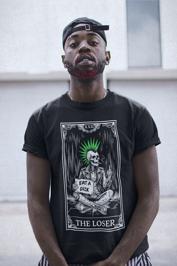 Black alt fashion model showing the loser punk skeleton design on t shirt