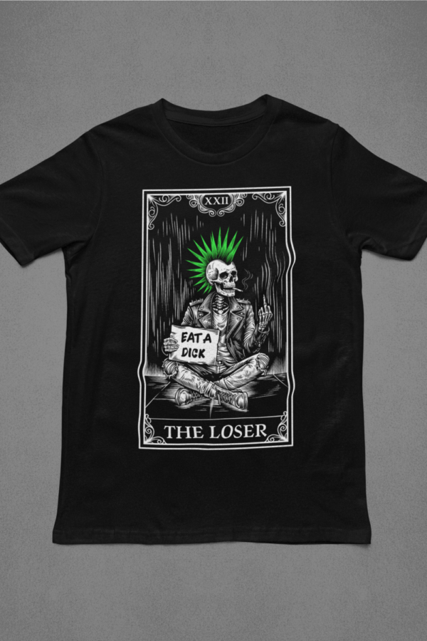close up of the loser punk tarot design on flat lay of a black t shirt