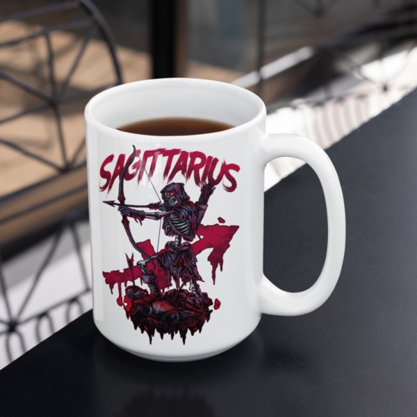 twisted sagittarius mug for goths resting on black table