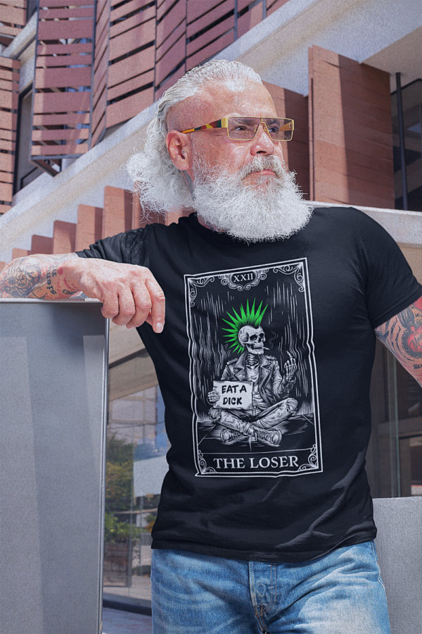 elder punk wearing black tee with the loser skeleton punk design