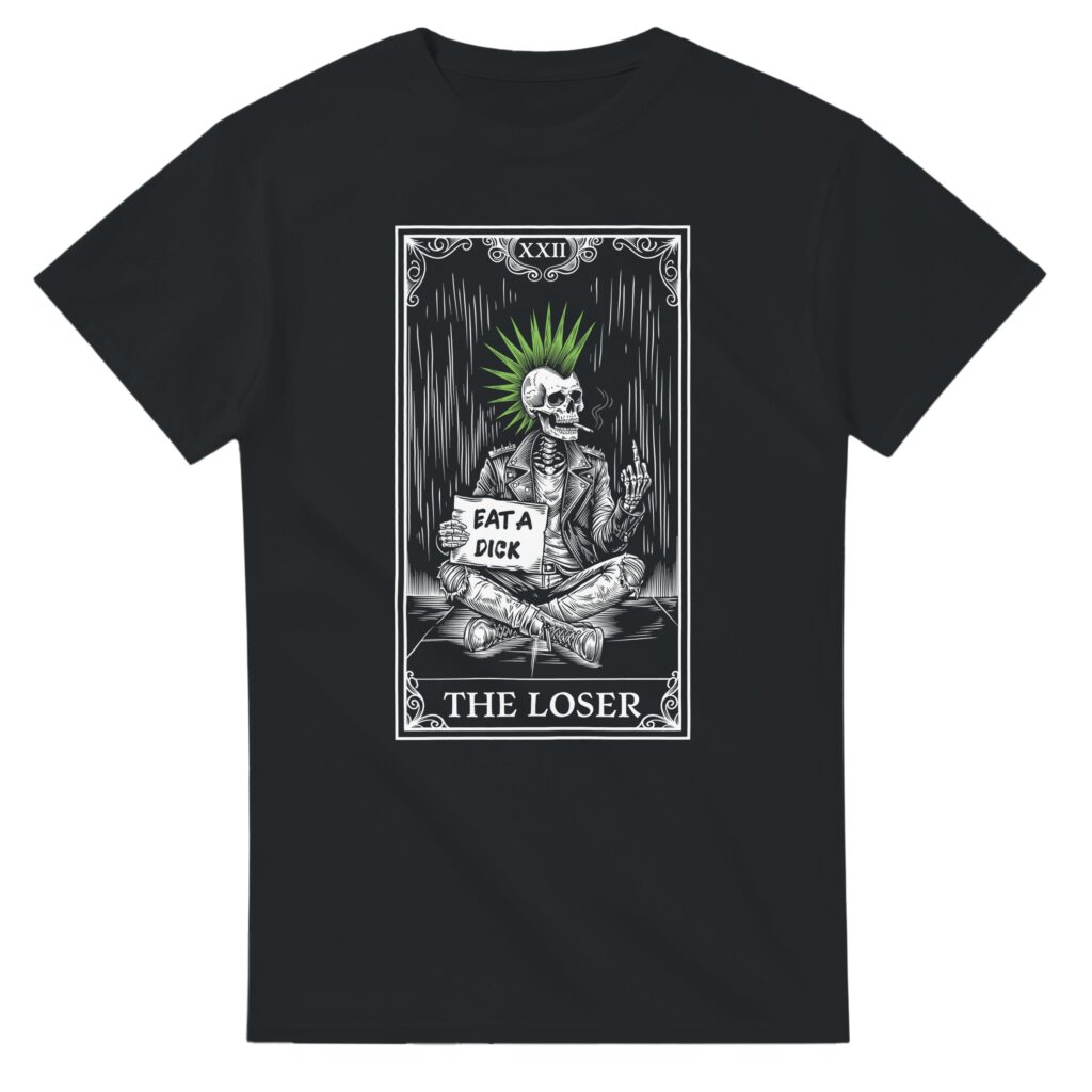 the loser punk skeleton tarot card design on black t shirt - flat lay