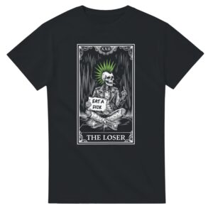 the loser punk skeleton tarot card design on black t shirt - flat lay