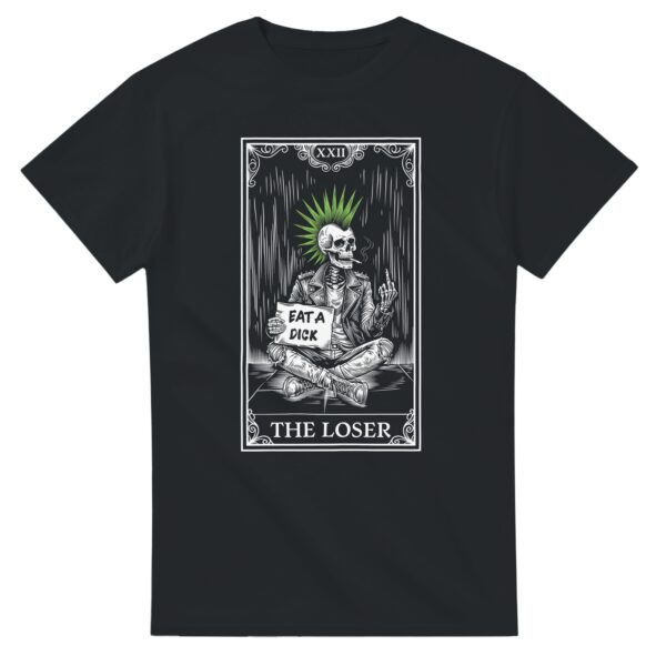 the loser punk skeleton tarot card design on black t shirt - flat lay