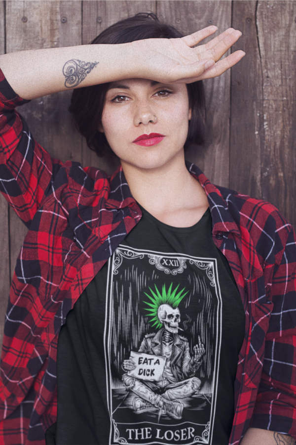 woman wearing grunge clothes including the loser tarot t-shirt