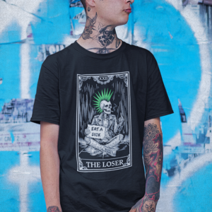tattooed punk man in the loser tarot shirt with skeleton design