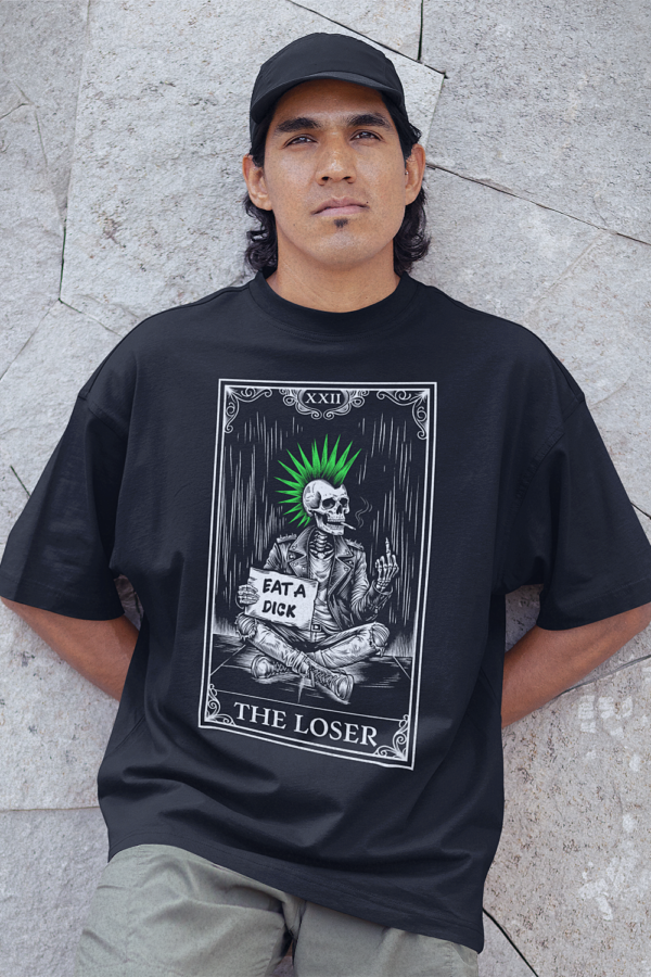 skater wearing punk style the loser skeleton shirt