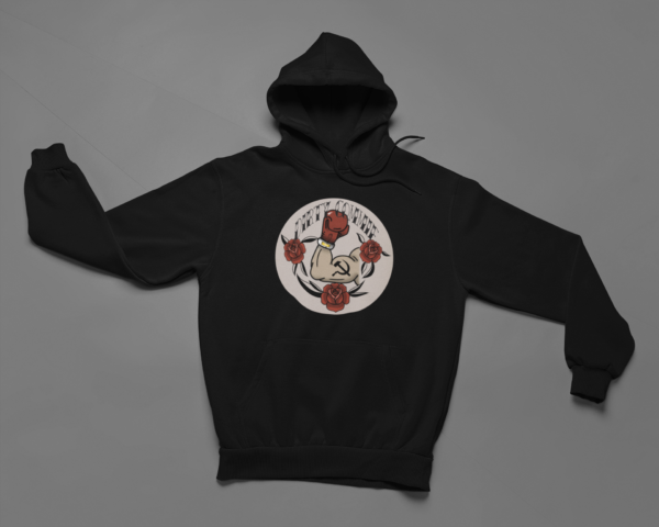 dirty commie design complete with hammer and sickle on biceps printed on black hoodie
