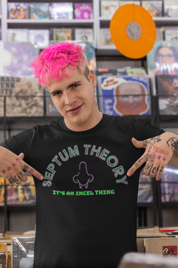 alterantive man with pink hair in anti-incel tee