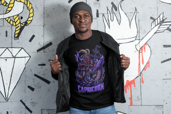 alt fashion model showing off his capricorn horoscope design tee with open jacket