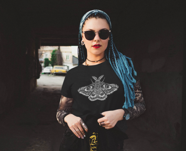 alt style model in black t shirt with moth design