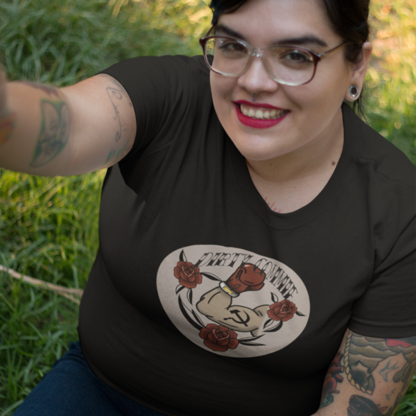 alternative woman in dirty commie tee taking selfie