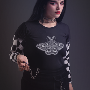 alt woman rocking goth style moth design t shirt